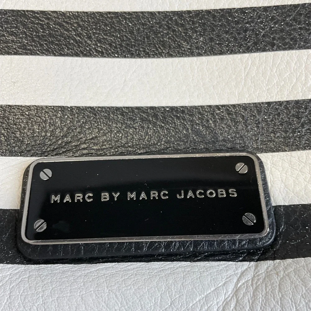 Marc by Marc Jacobs Black White Striped Leather Crossbody Top Handle Bag